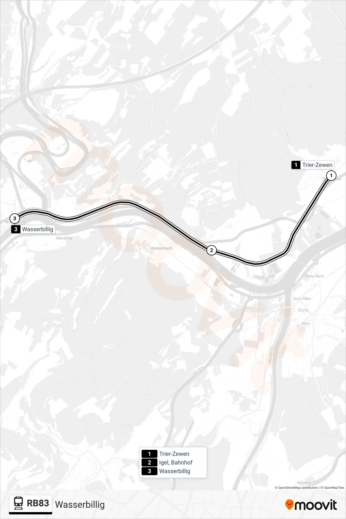 Linie RB83 (Bahn) Richtung Wasserbillig: Route und Haltestellen auf der Karte