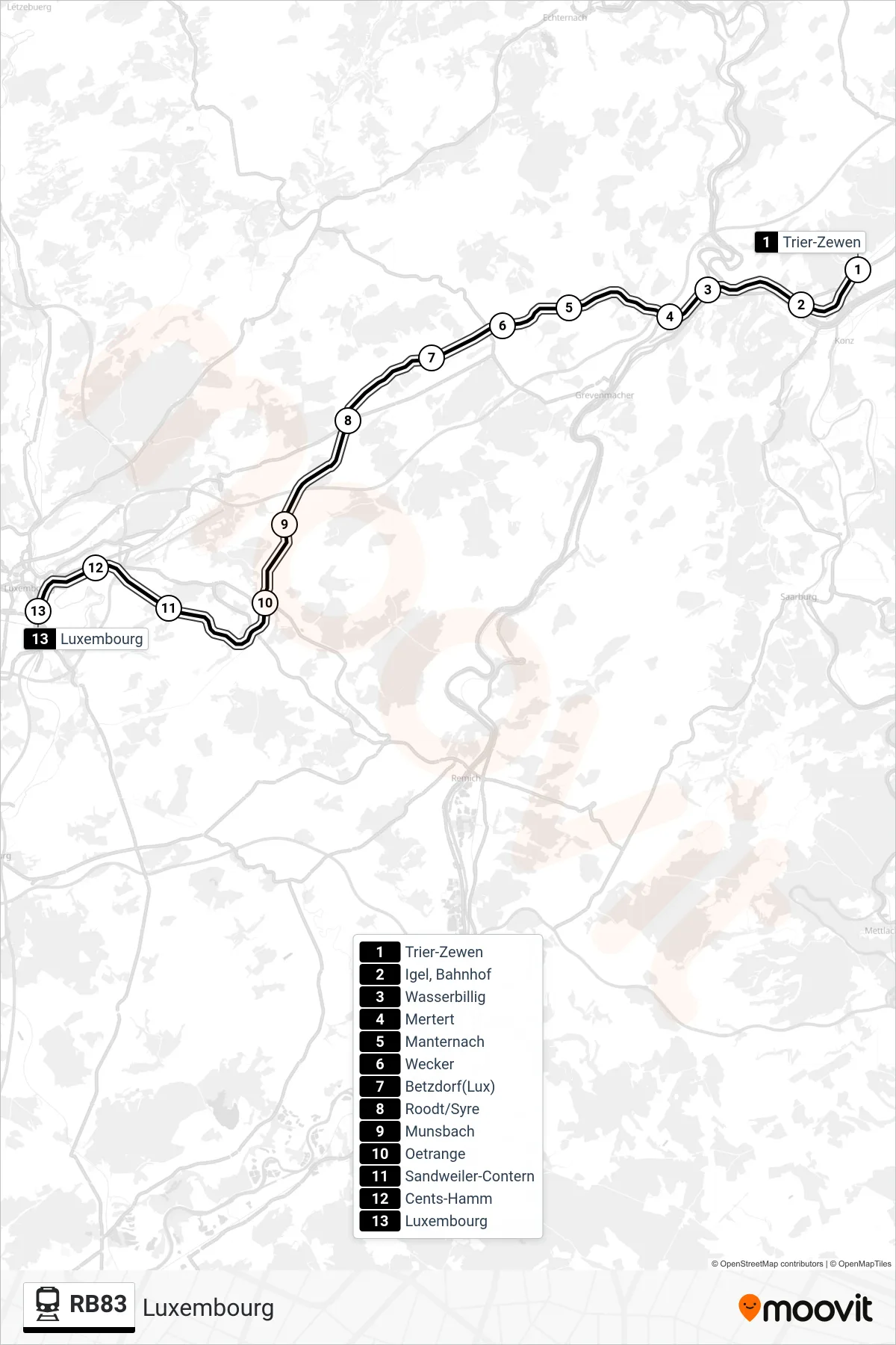 RB83 train Line (Luxembourg) route and stops on a map