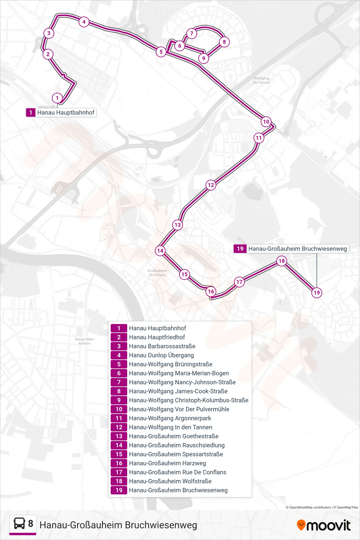 8 bus Line (Hanau-Großauheim Bruchwiesenweg) route and stops on a map