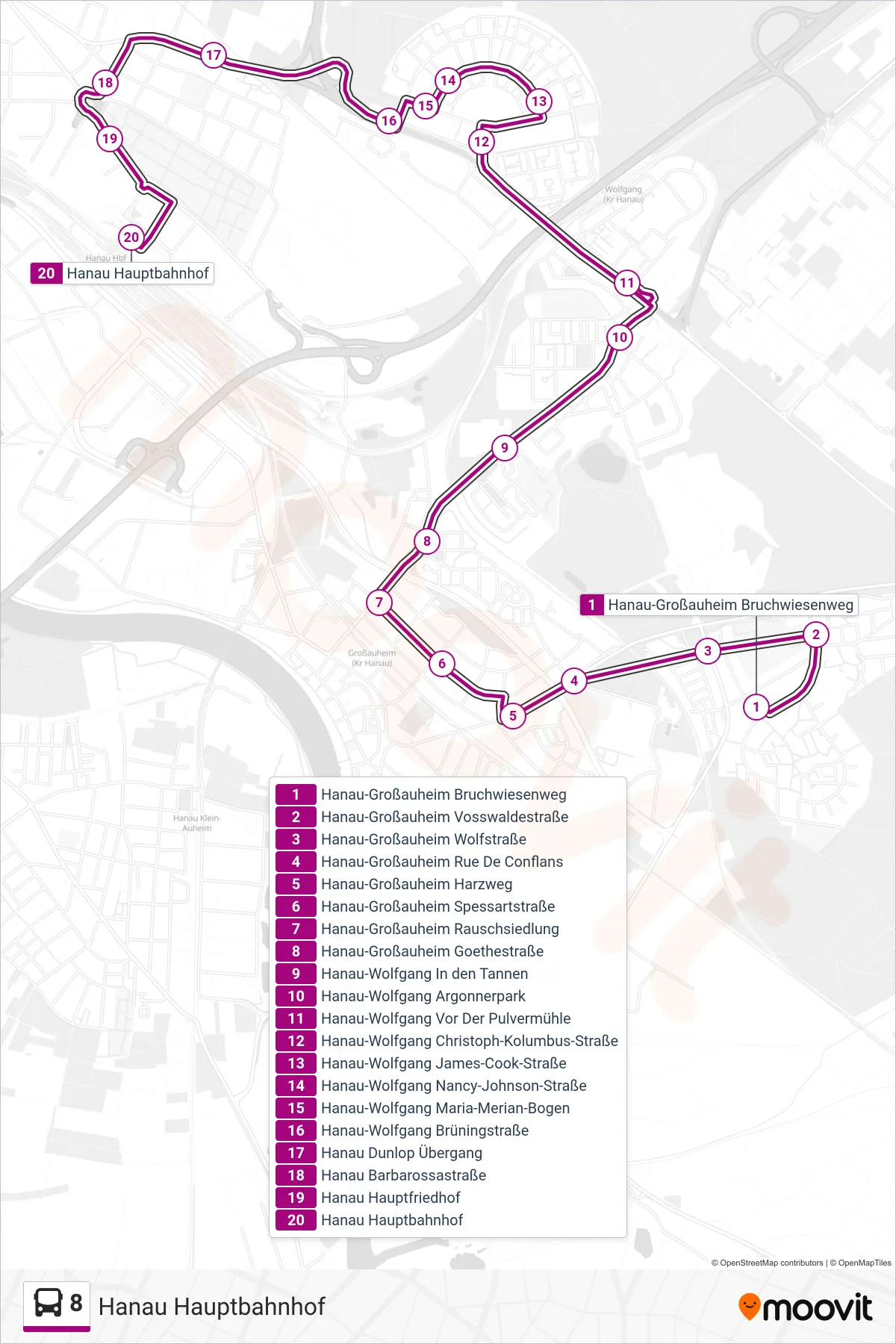 8 bus Line (Hanau Hauptbahnhof) route and stops on a map
