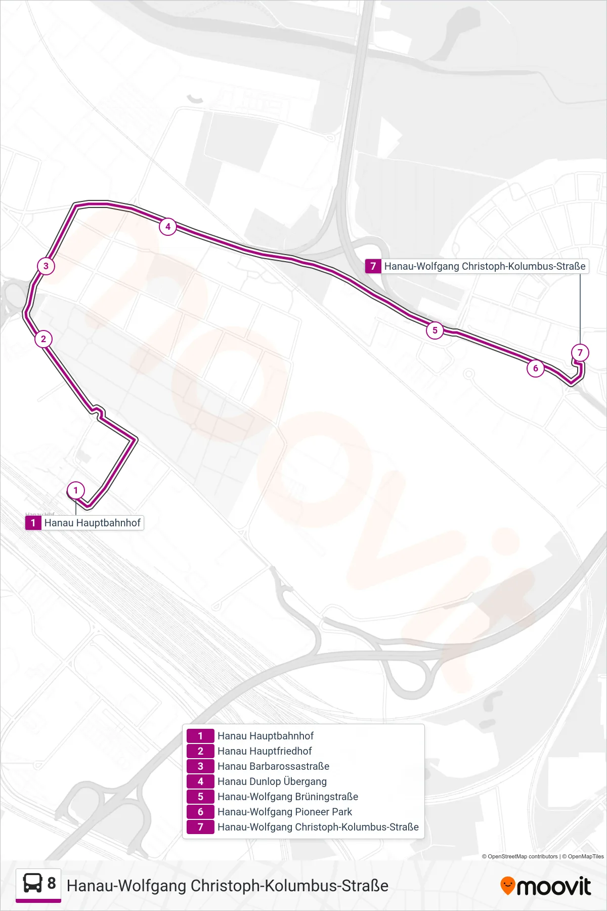 Linie 8 (Bus) Richtung Hanau-Wolfgang Christoph-Kolumbus-Straße: Route und Haltestellen auf der Karte