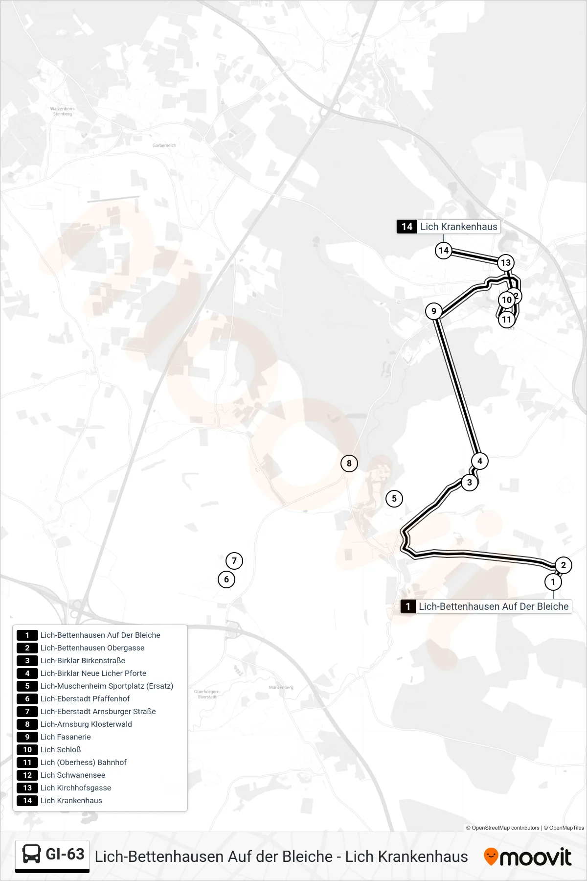GI-63 bus Line (Lich Krankenhaus) route and stops on a map