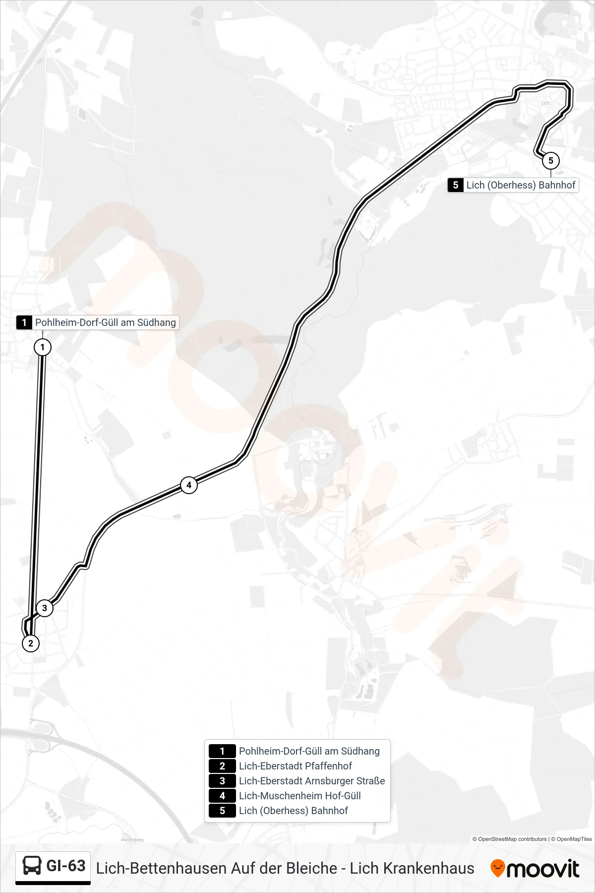 GI-63 bus Line (Lich (Oberhess) Bahnhof) route and stops on a map