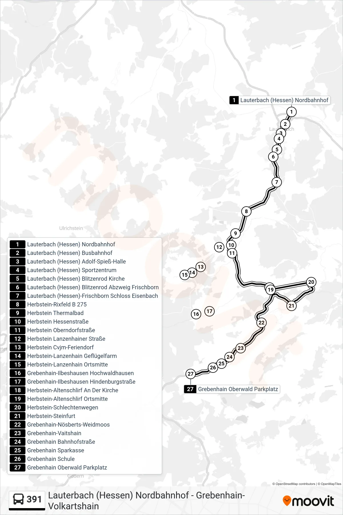 391 bus Line (Grebenhain Oberwald Parkplatz) route and stops on a map