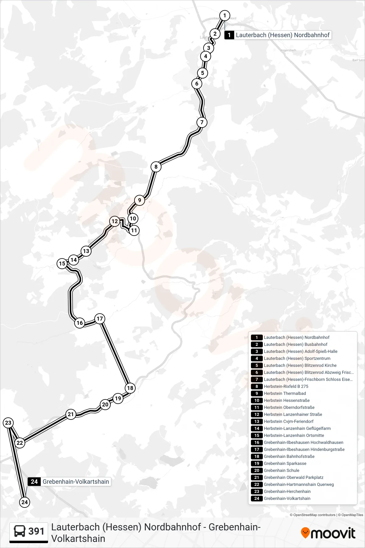 391 bus Line (Grebenhain-Volkartshain) route and stops on a map