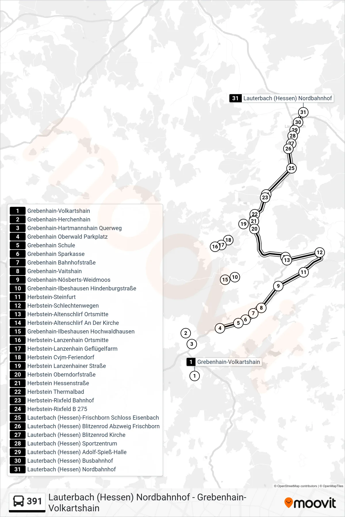 391 bus Line (Lauterbach (Hessen) Nordbahnhof) route and stops on a map