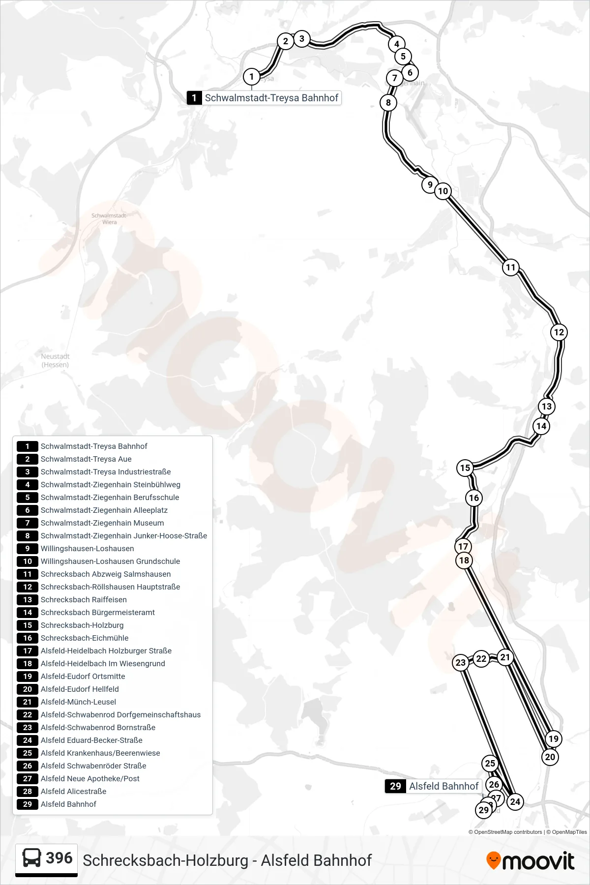396 bus Line (Alsfeld Bahnhof) route and stops on a map