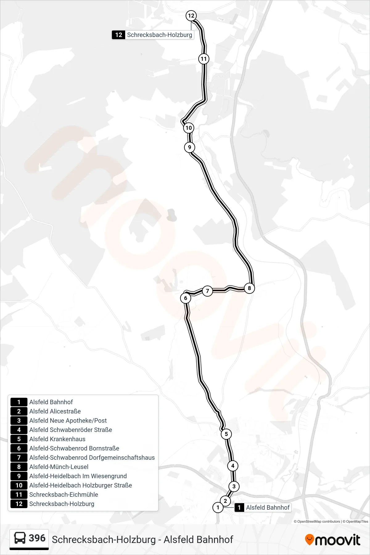 396 bus Line (Schrecksbach-Holzburg) route and stops on a map
