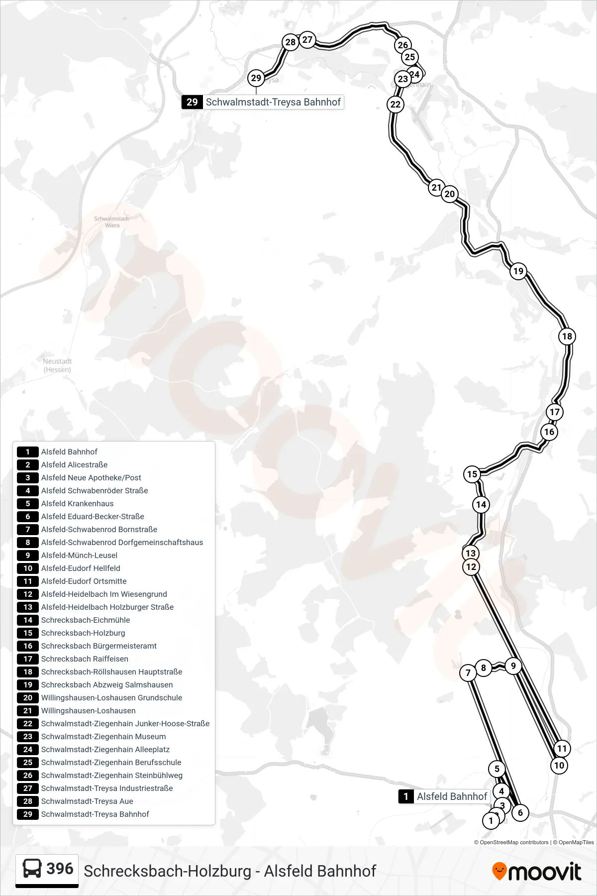 Linie 396 (Bus) Richtung Schwalmstadt-Treysa: Route und Haltestellen auf der Karte