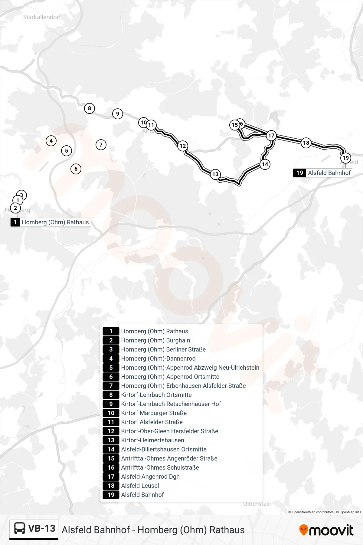 VB-13 bus Line (Alsfeld Bahnhof) route and stops on a map