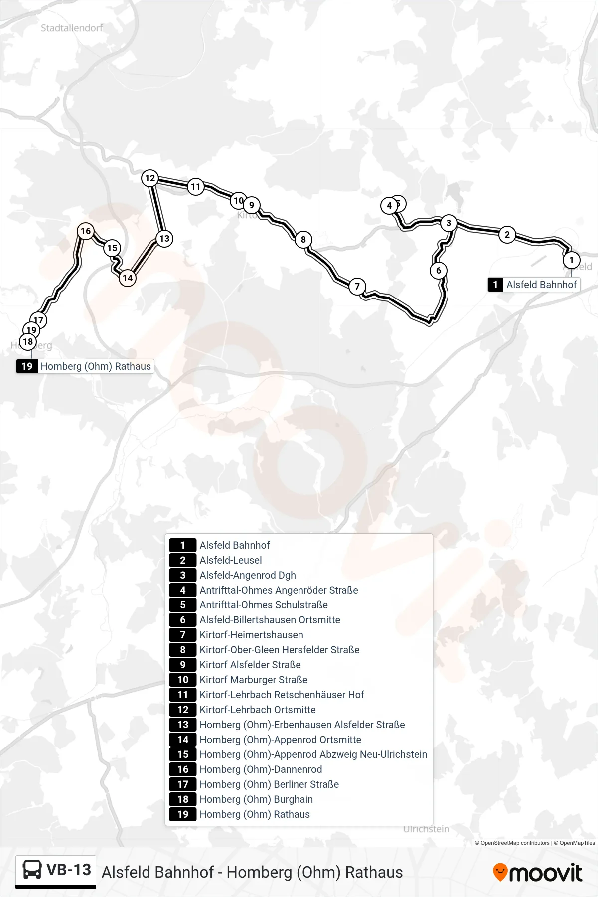 VB-13 bus Line (Homberg (Ohm) Rathaus) route and stops on a map