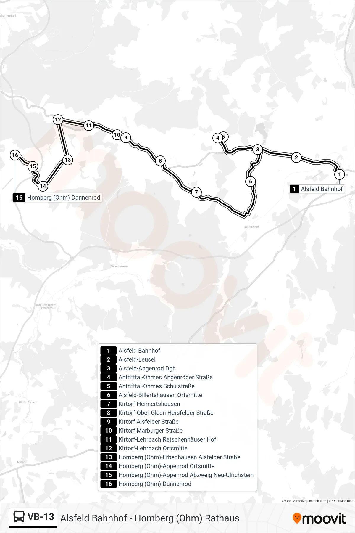 Linie VB-13 (Bus) Richtung Homberg (Ohm)-Dannenrod: Route und Haltestellen auf der Karte