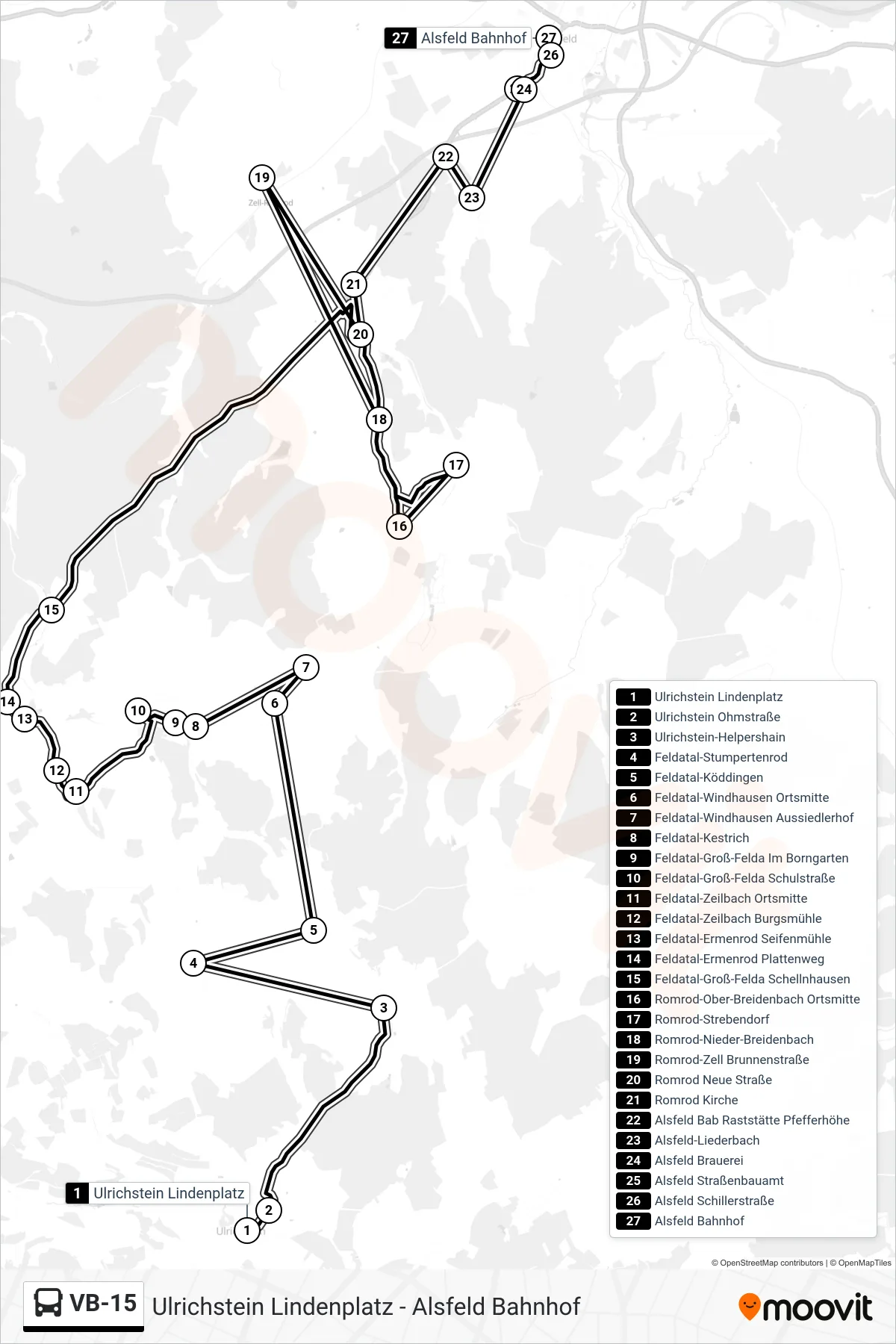 VB-15 bus Line (Alsfeld Bahnhof) route and stops on a map