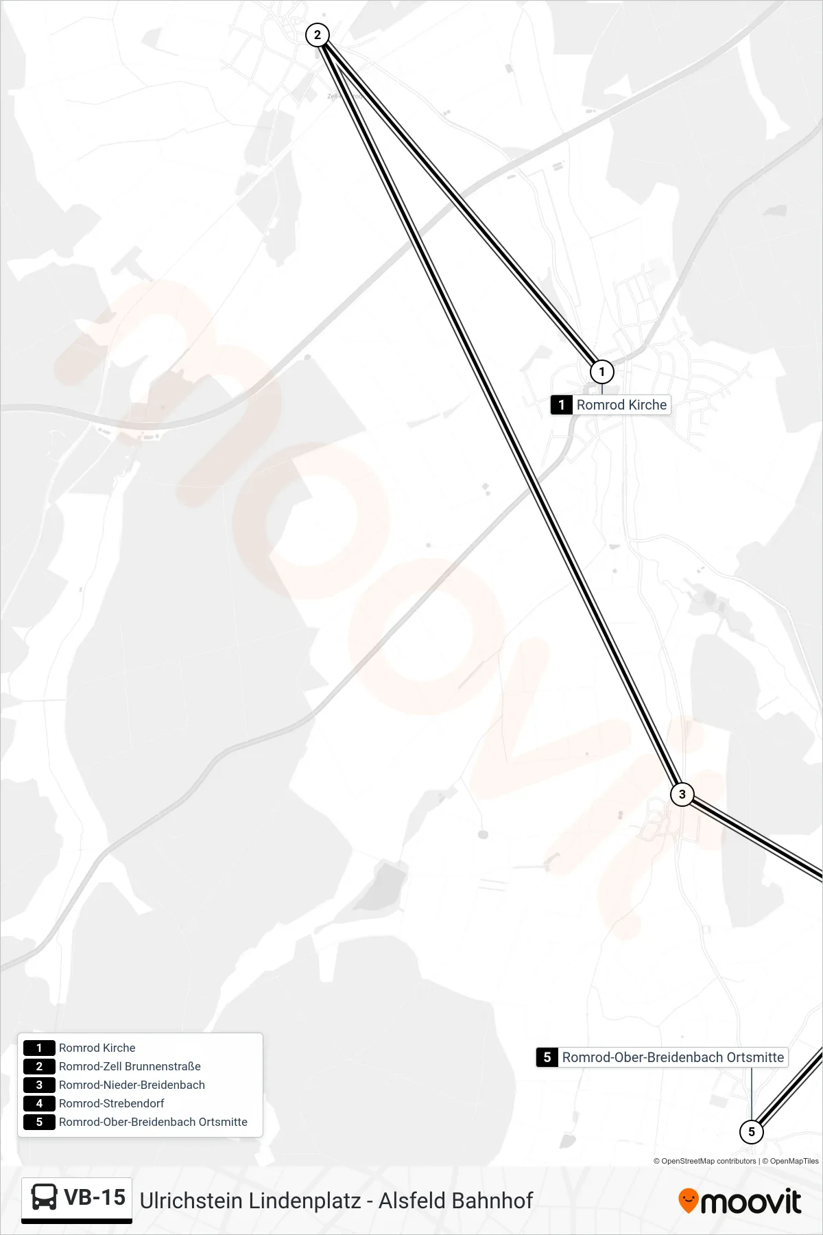 VB-15 bus Line (Romrod-Ober-Breidenbach Ortsmitte) route and stops on a map