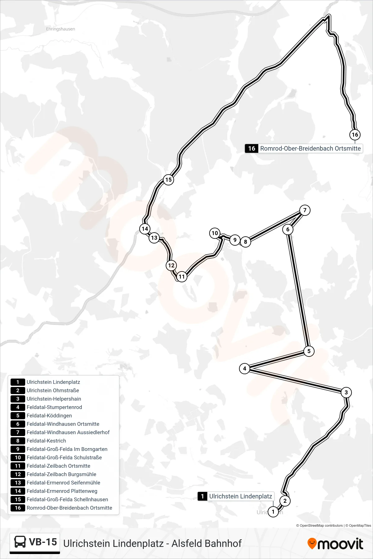 Linie VB-15 (Bus) Richtung Romrod-Ober-Breidenbach Ortsmitte: Route und Haltestellen auf der Karte