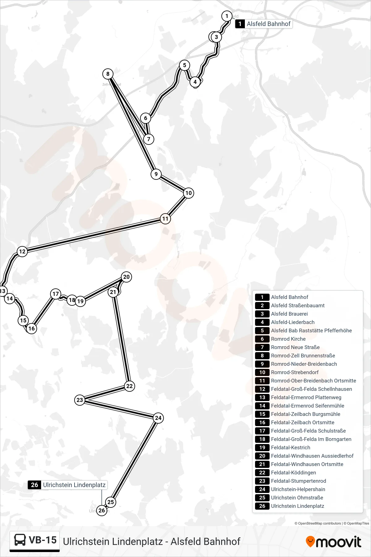 VB-15 bus Line (Ulrichstein Lindenplatz) route and stops on a map