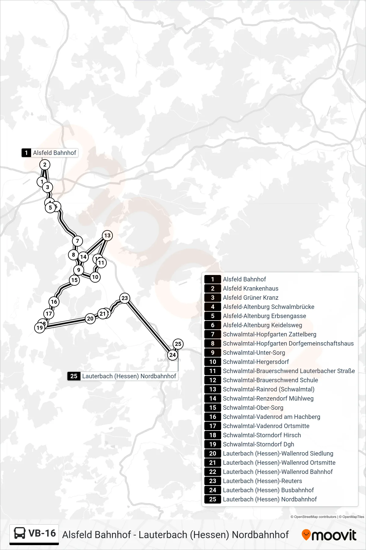 VB-16 bus Line (Lauterbach (Hessen) Nordbahnhof) route and stops on a map