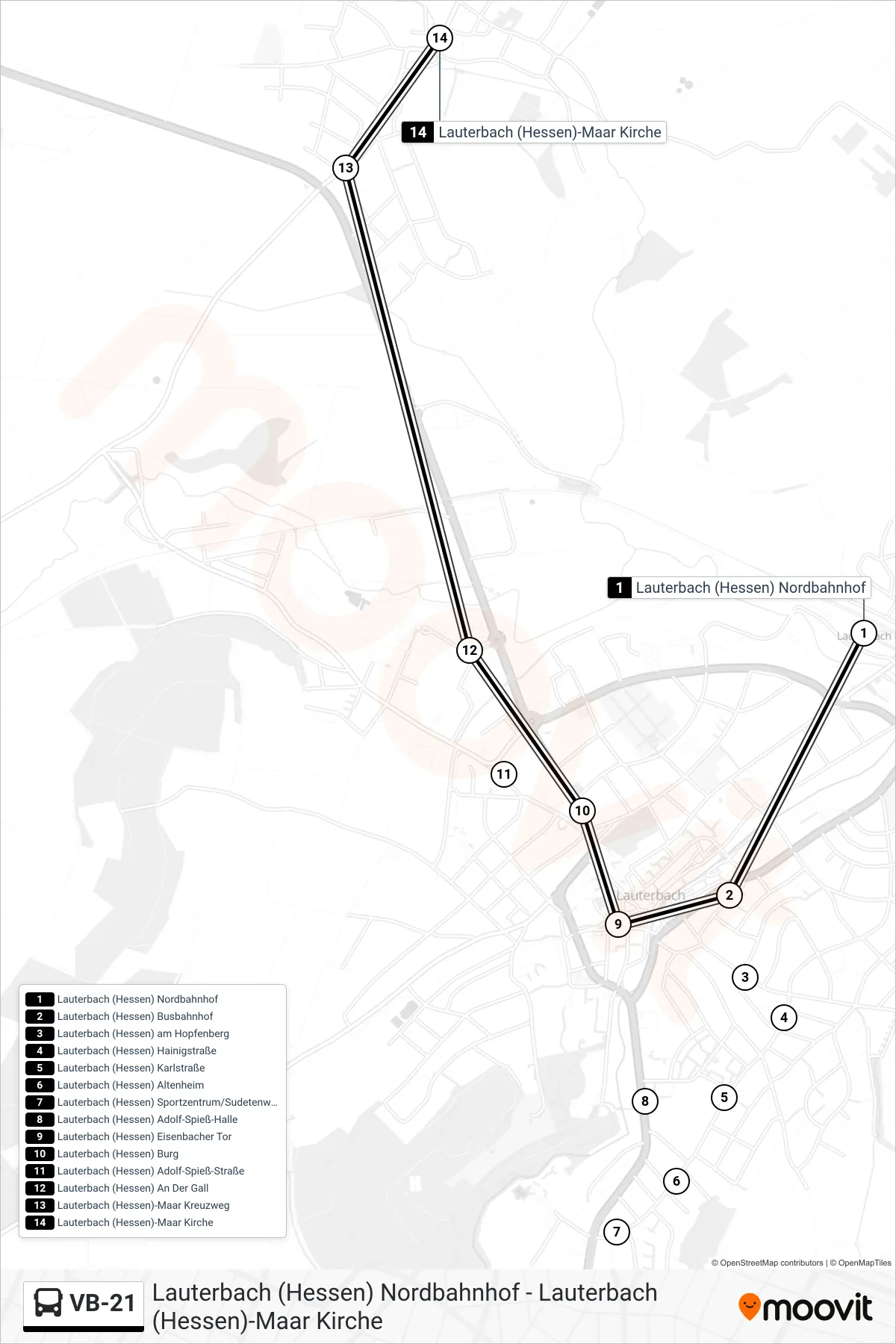 VB-21 bus Line (Lauterbach (Hessen)-Maar Kirche) route and stops on a map