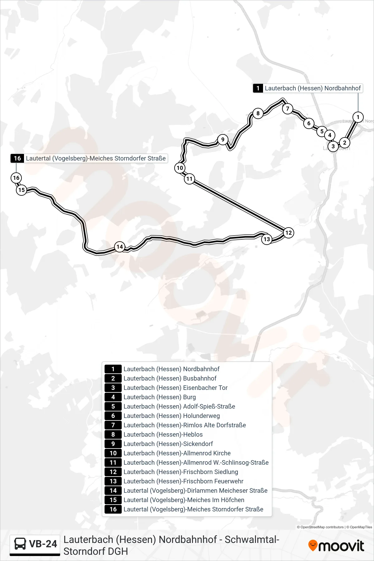 VB-24 bus Line (Lautertal (Vogelsberg)-Meiches Storndorfer Straße) route and stops on a map