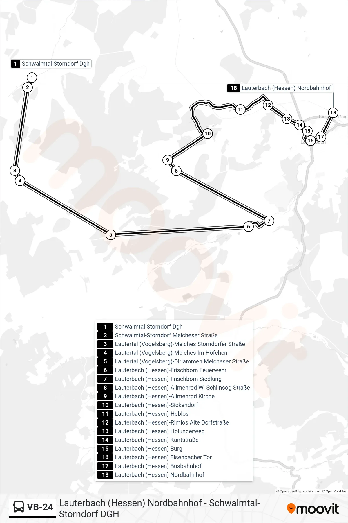 VB-24 bus Line (Lauterbach (Hessen) Nordbahnhof) route and stops on a map