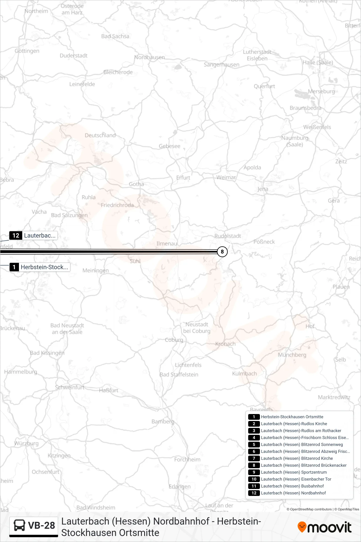 VB-28 bus Line (Lauterbach (Hessen) Nordbahnhof) route and stops on a map