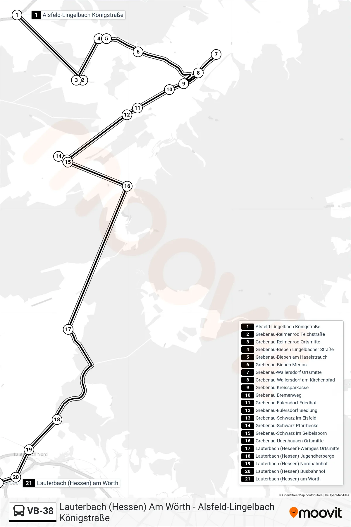 VB-38 bus Line (Lauterbach (Hessen) am Wörth) route and stops on a map