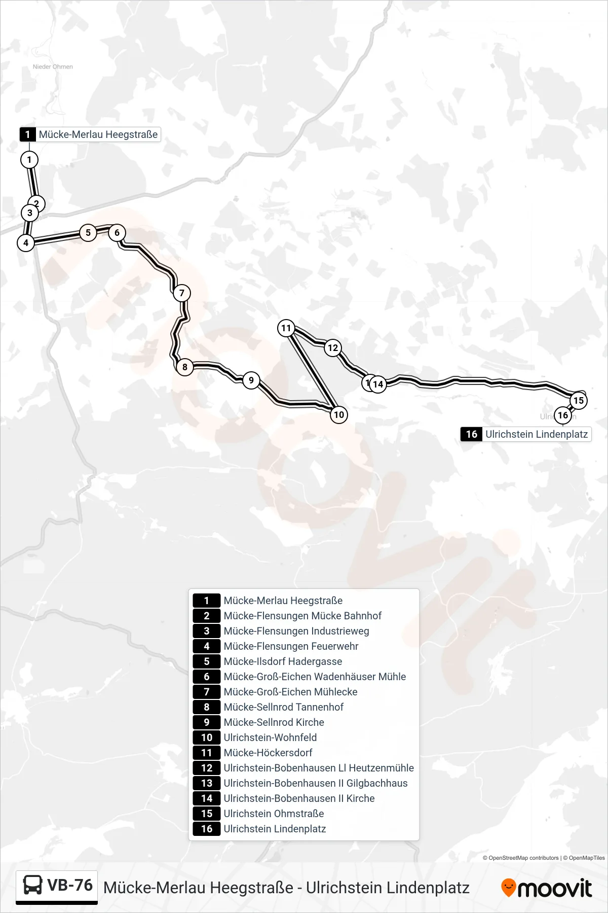 VB-76 bus Line (Ulrichstein Lindenplatz) route and stops on a map