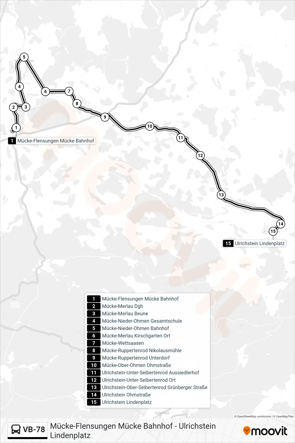 Linie VB-78 (Bus) Richtung Ulrichstein Lindenplatz: Route und Haltestellen auf der Karte