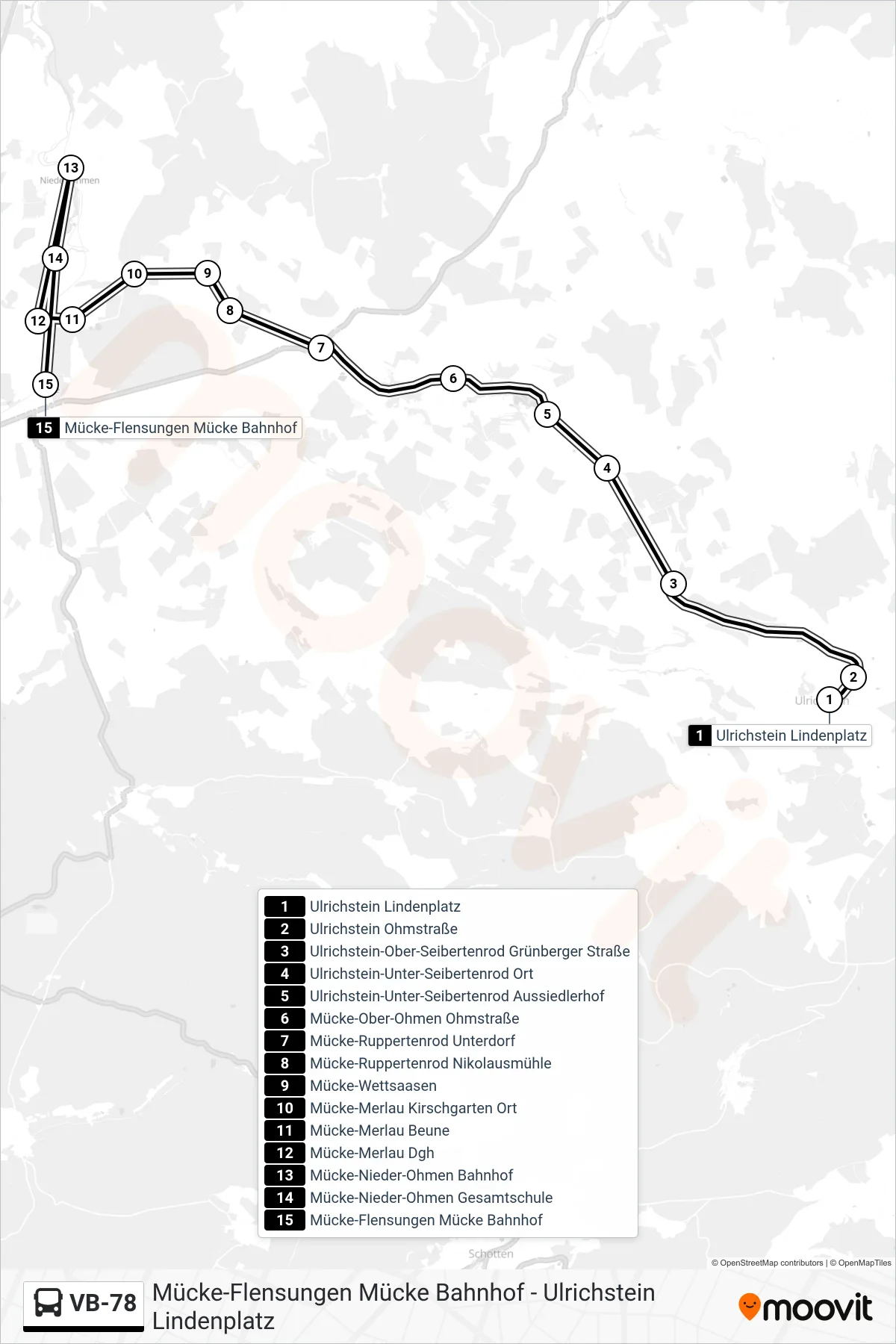 Linie VB-78 (Bus) Richtung Mücke-Flensungen Mücke Bahnhof: Route und Haltestellen auf der Karte