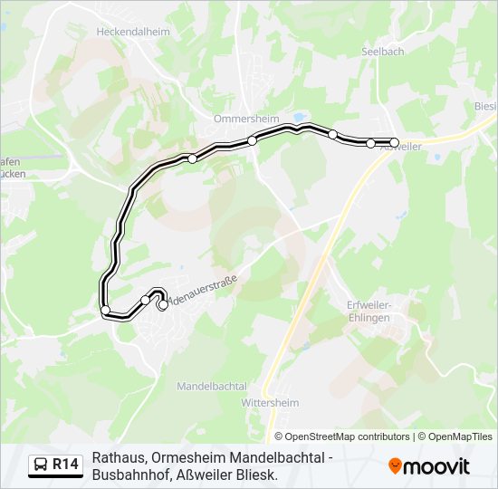 Автобус R14: карта маршрута