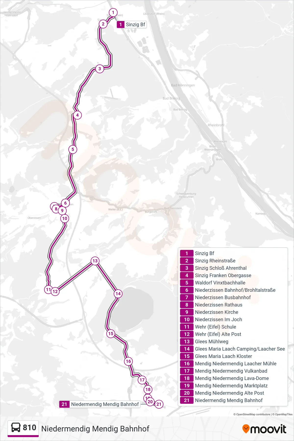 810 bus Line (Niedermendig Mendig Bahnhof) route and stops on a map
