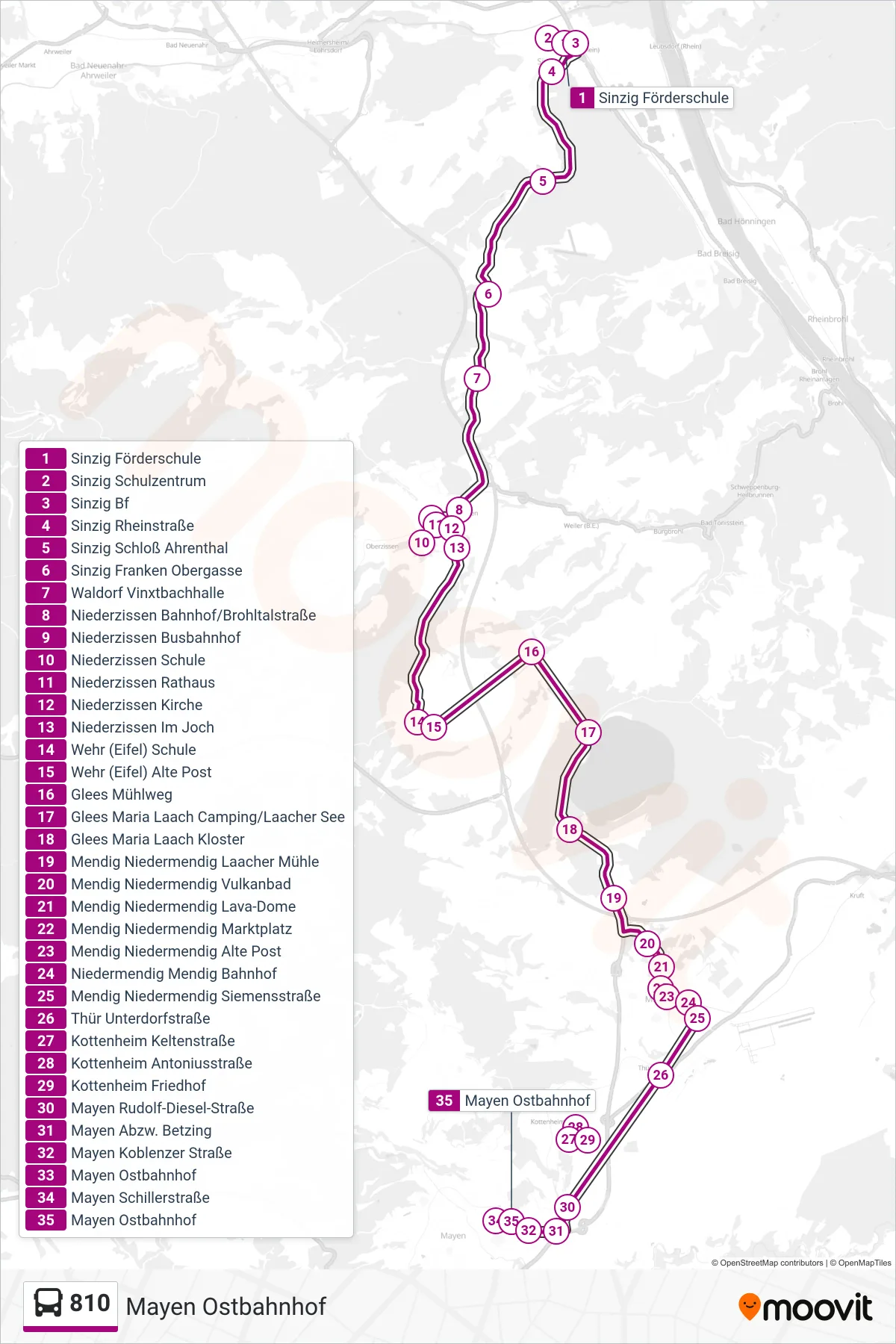 810 bus Line (Mayen Ostbahnhof) route and stops on a map