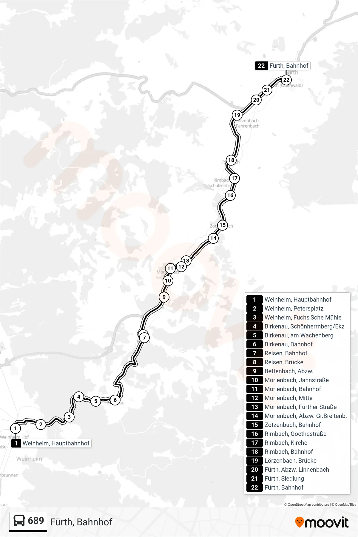 Linie 689 (Bus) Richtung Fürth, Bahnhof: Route und Haltestellen auf der Karte