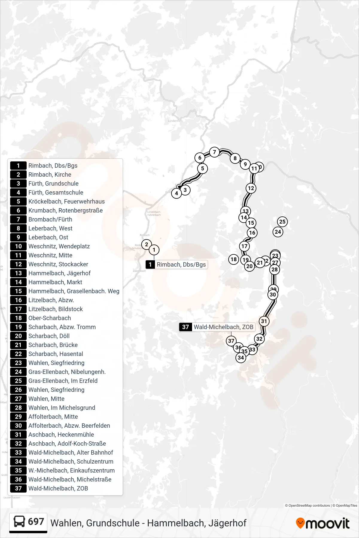 697 bus Line (Wald-Michelbach, ZOB) route and stops on a map