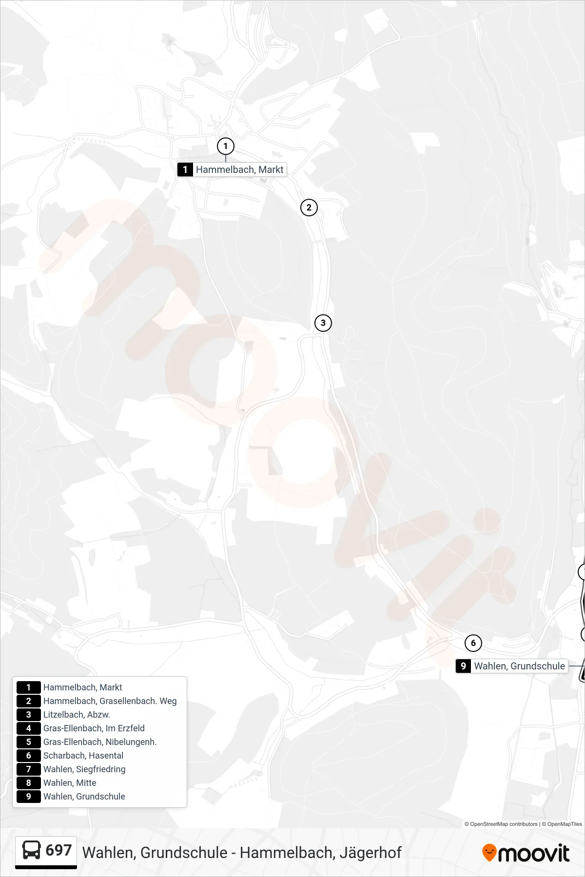 697 bus Line (Wahlen, Grundschule) route and stops on a map