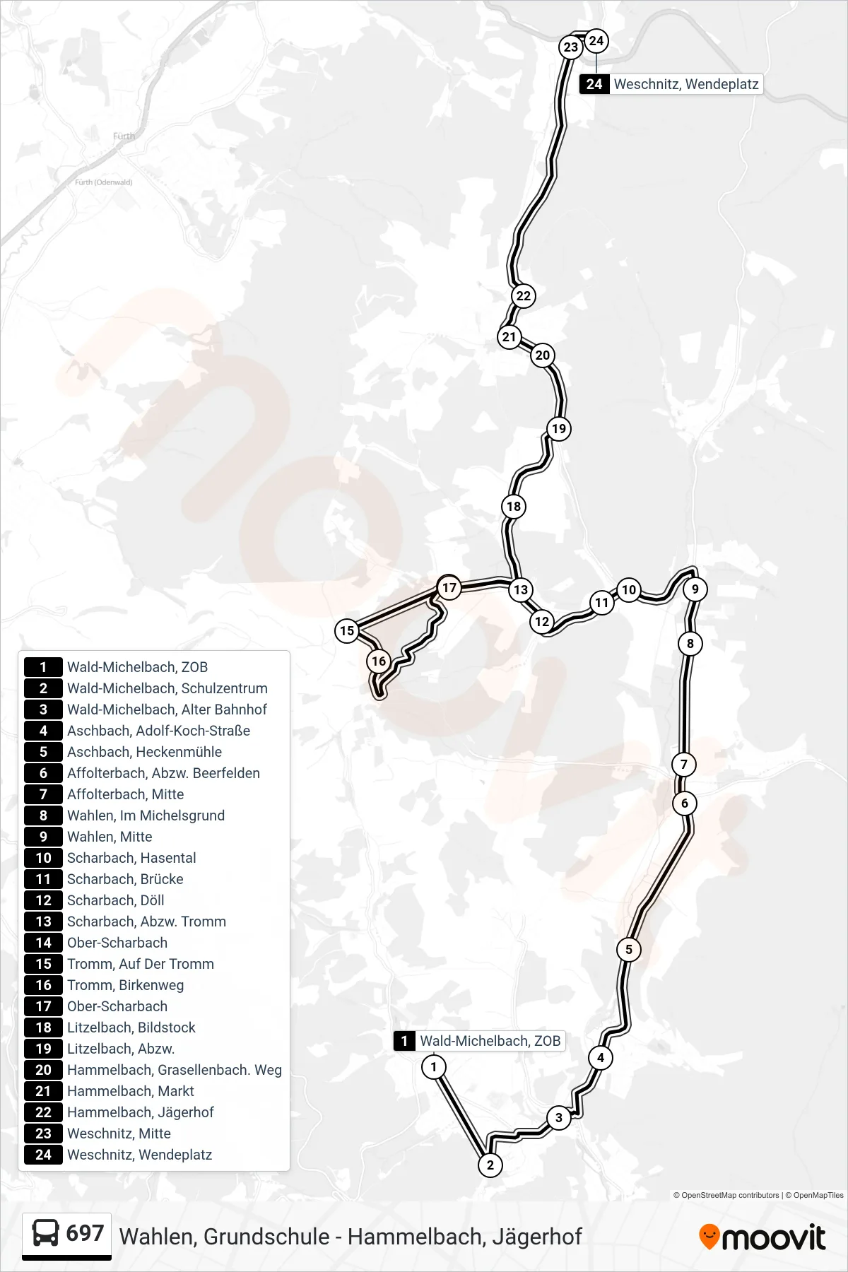 697 bus Line (Weschnitz, Wendeplatz) route and stops on a map