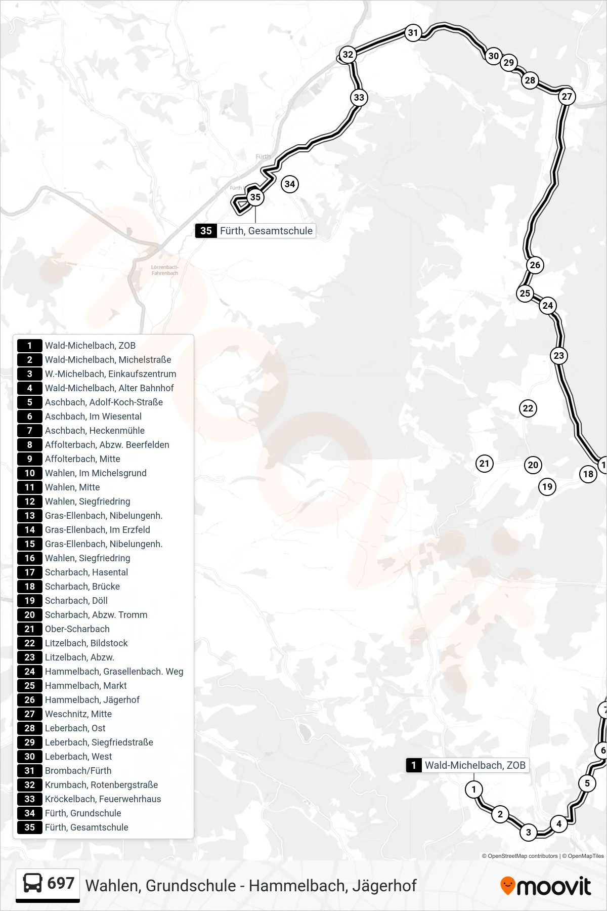 697 bus Line (Fürth, Gesamtschule) route and stops on a map