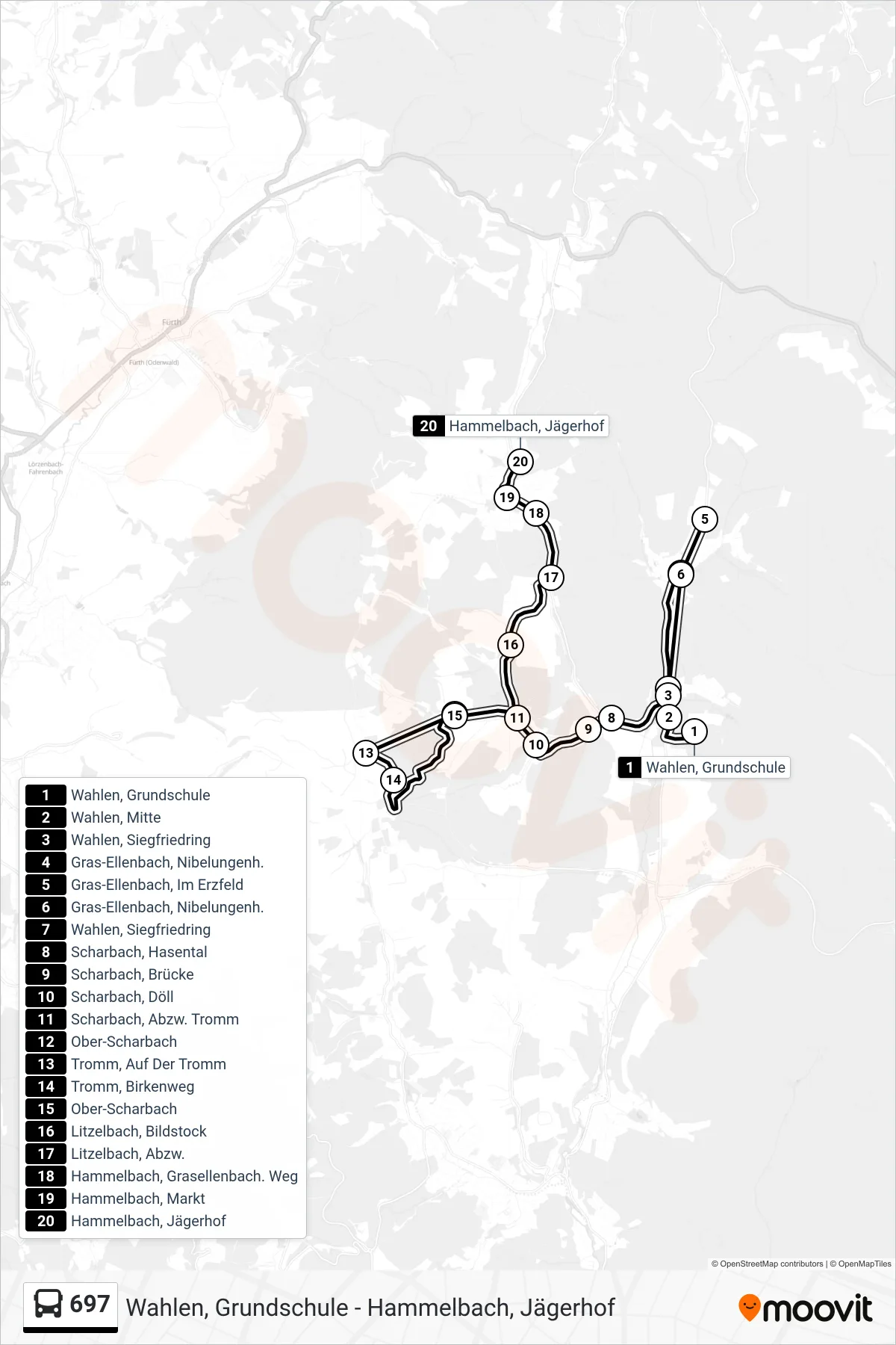 697 bus Line (Hammelbach, Jägerhof) route and stops on a map