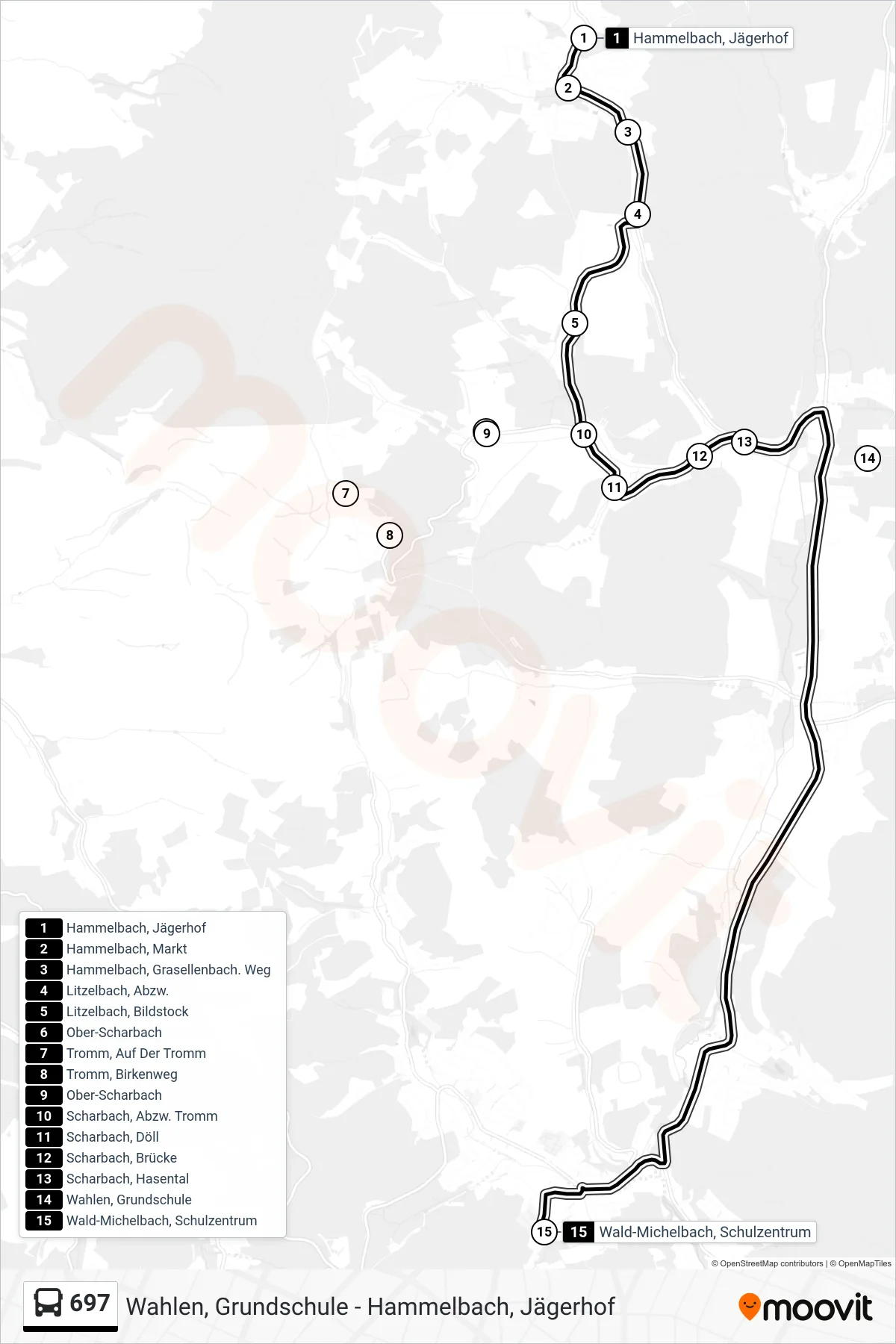 697 bus Line (Wald-Michelbach, Schulzentrum) route and stops on a map