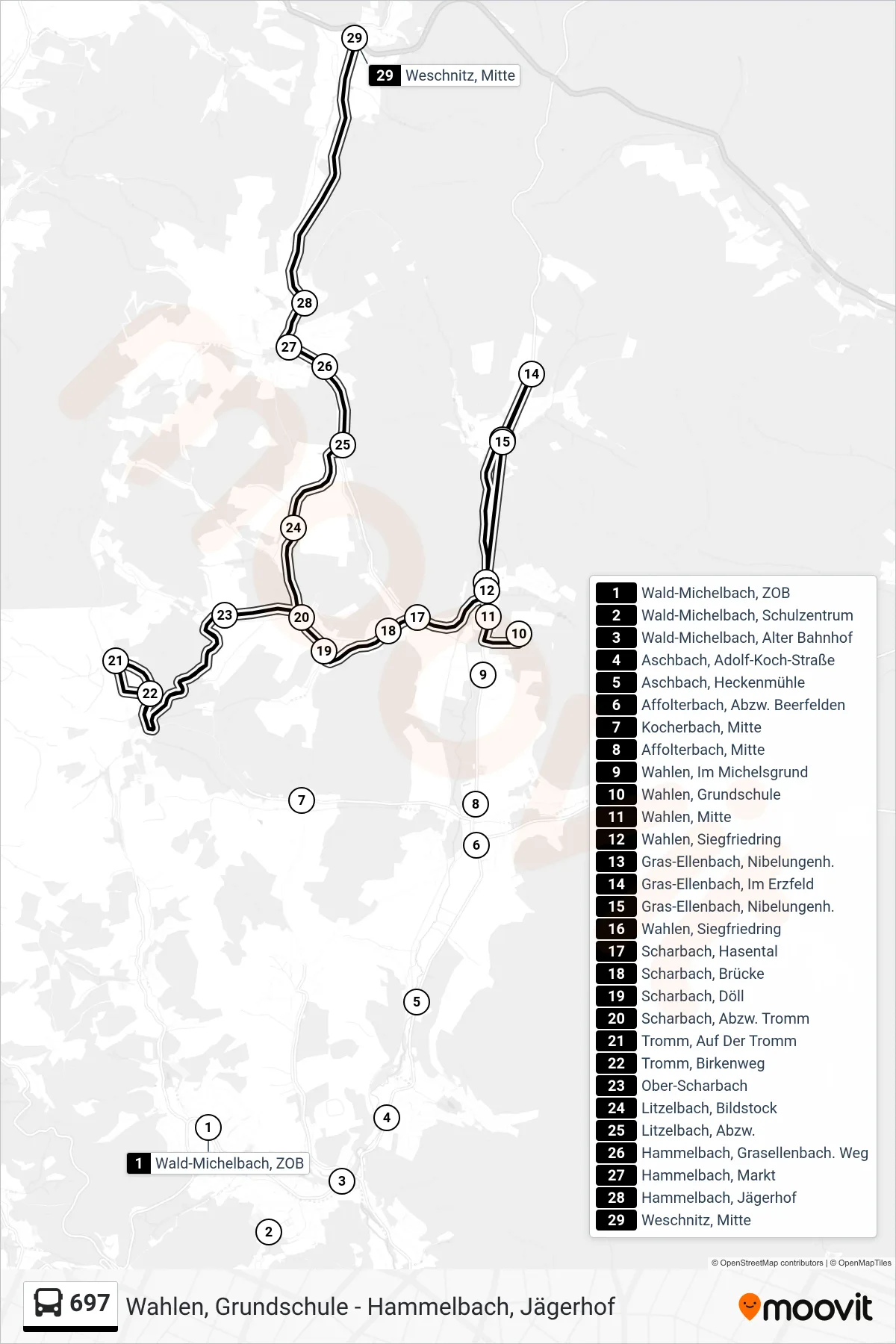 697 bus Line (Weschnitz, Mitte) route and stops on a map