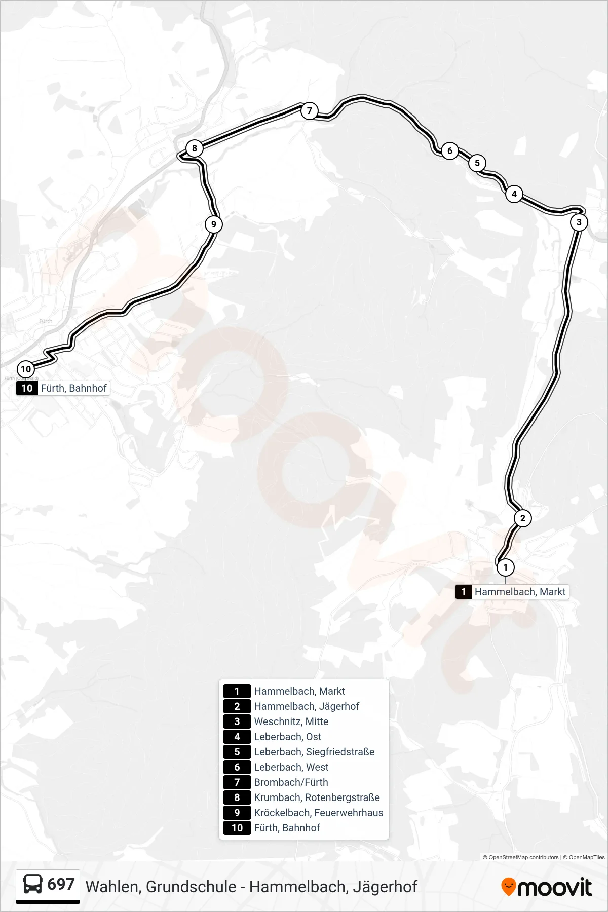 697 bus Line (Fürth, Bahnhof) route and stops on a map