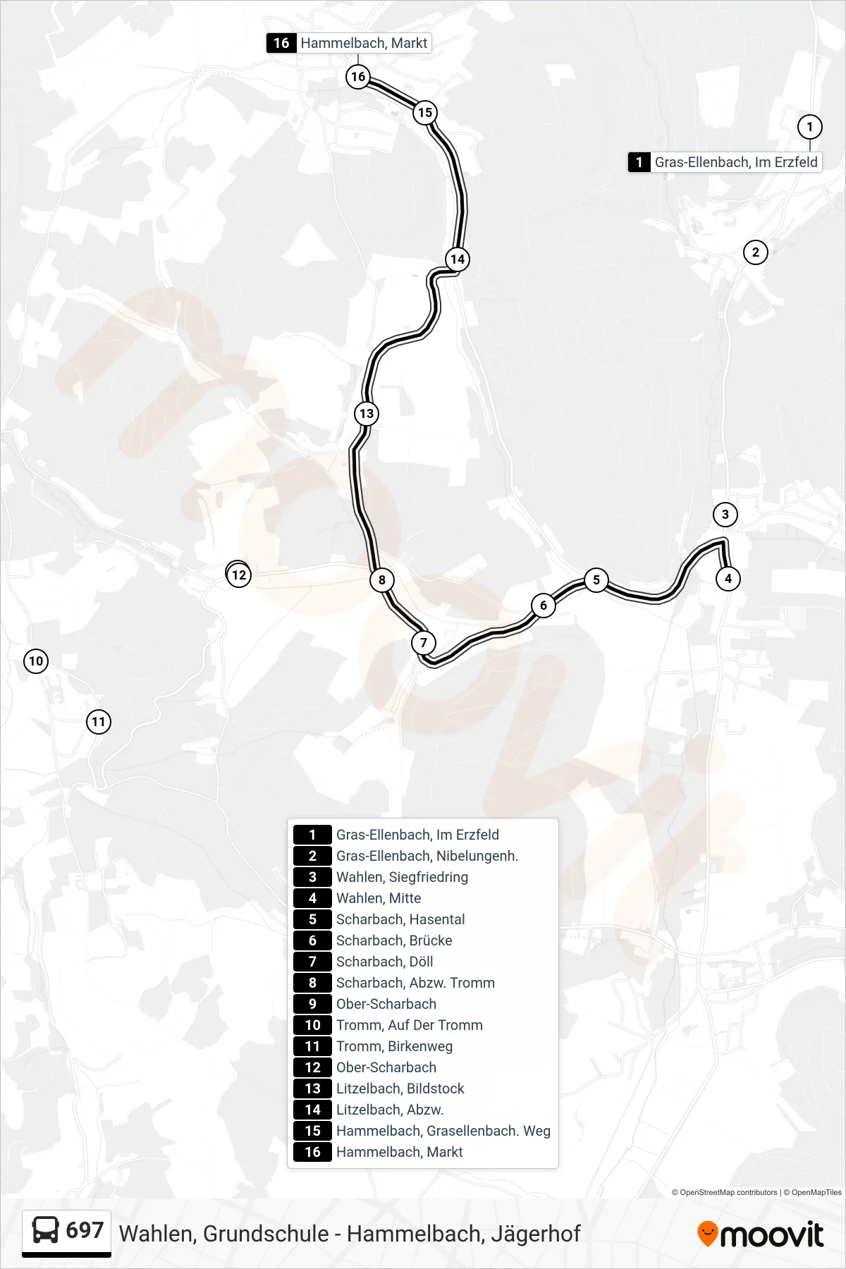 697 bus Line (Hammelbach, Markt) route and stops on a map