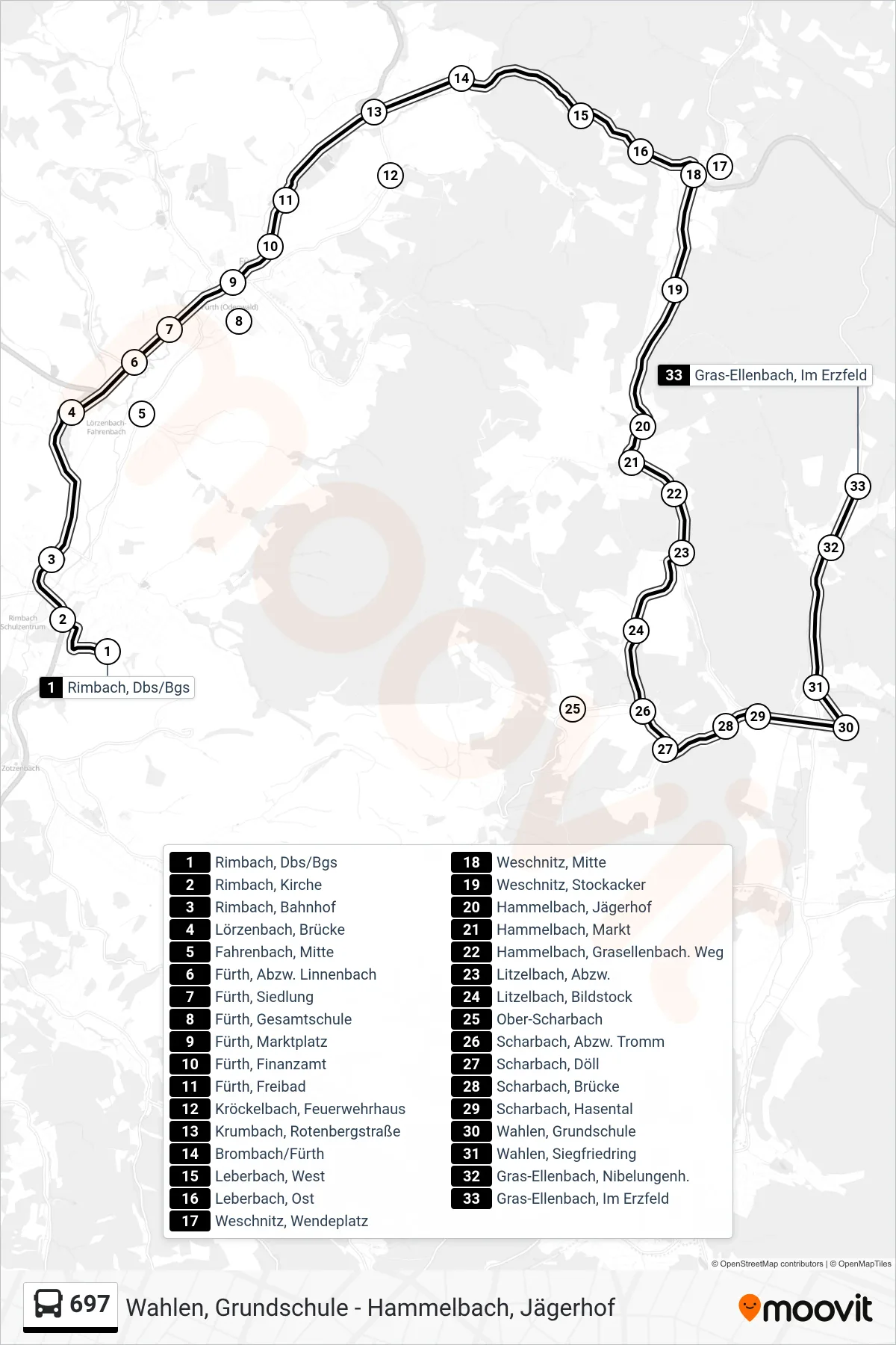 697 bus Line (Gras-Ellenbach, Im Erzfeld) route and stops on a map
