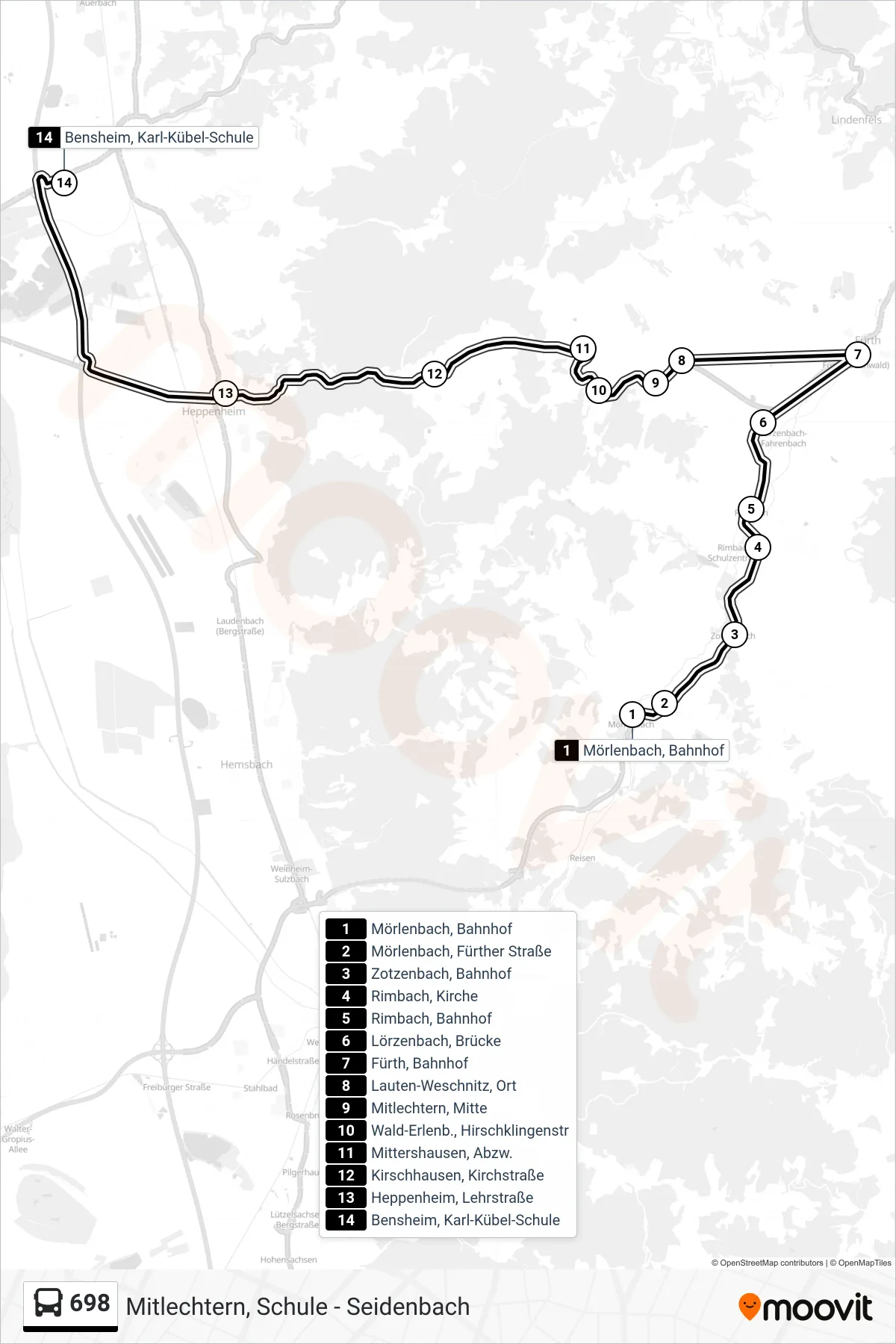 698 bus Line (Bensheim, Karl-Kübel-Schule) route and stops on a map