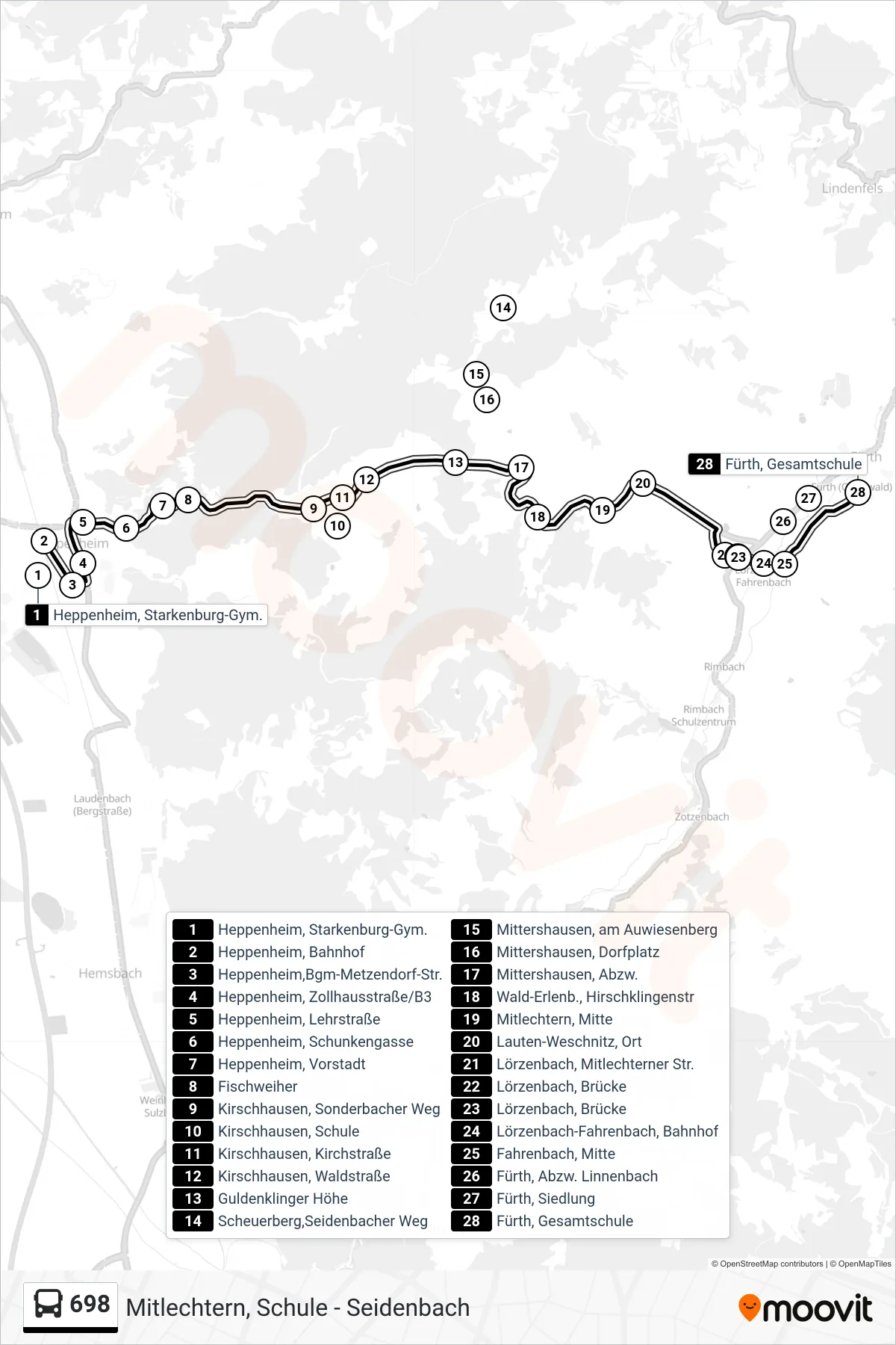 698 bus Line (Fürth, Gesamtschule) route and stops on a map