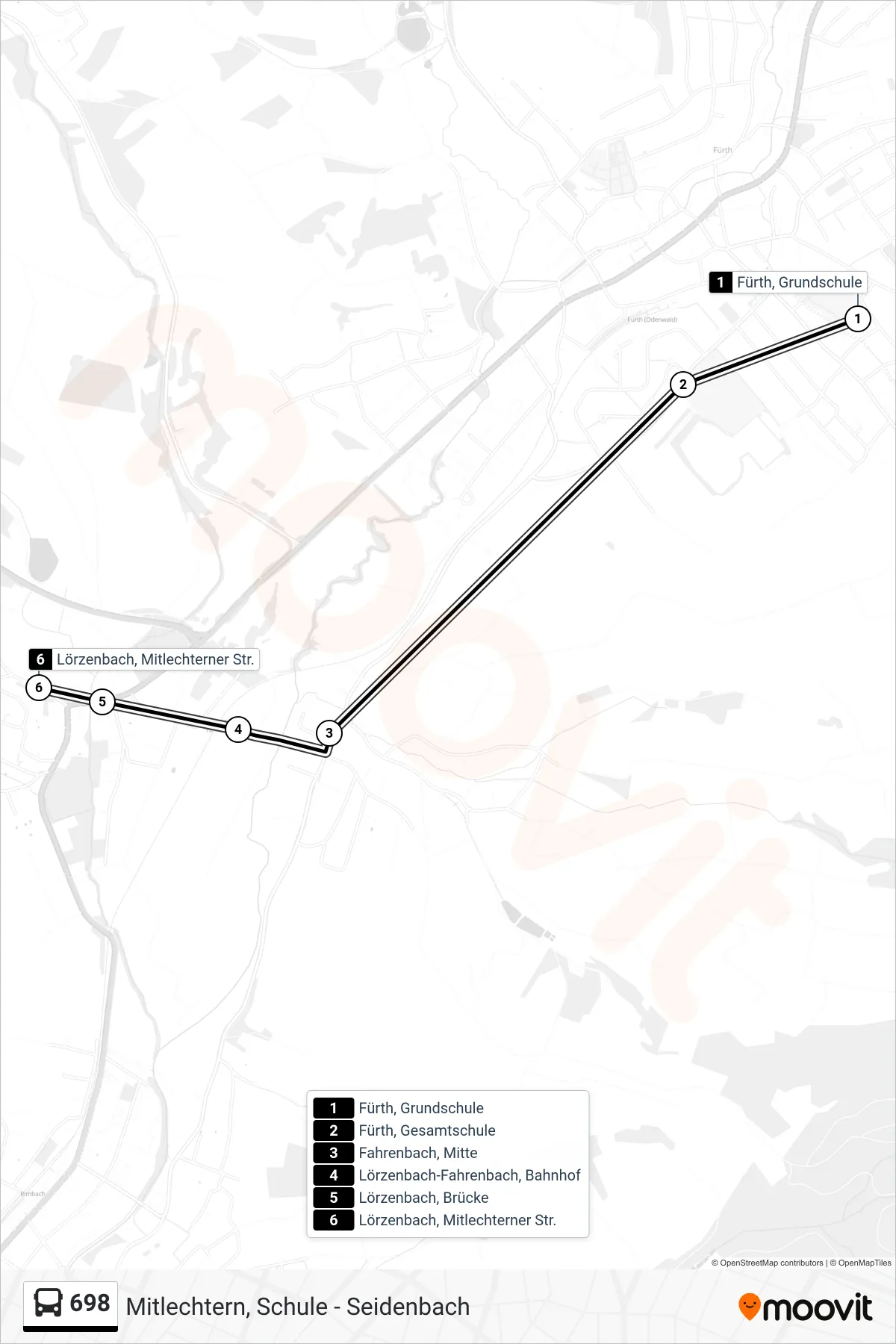 698 bus Line (Lörzenbach, Mitlechterner Str.) route and stops on a map