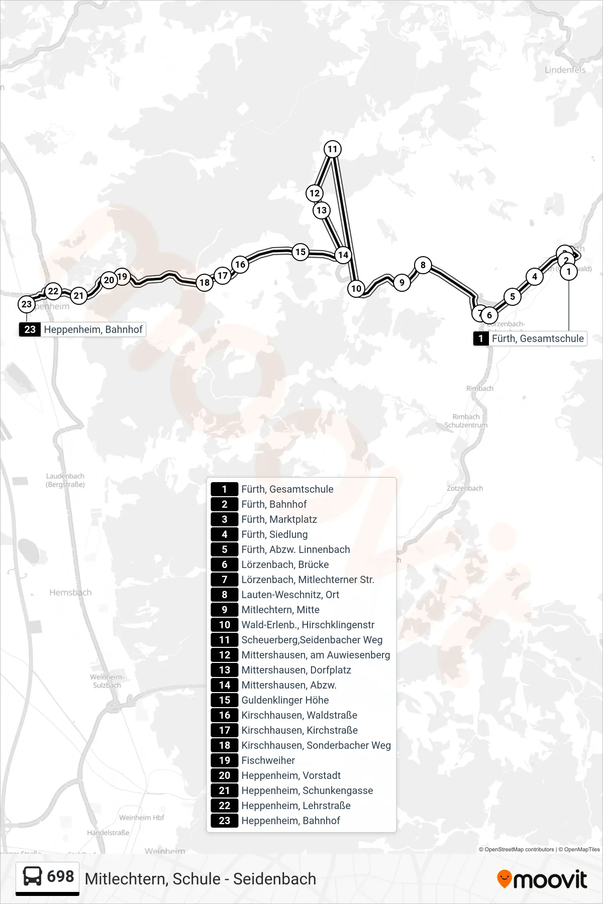 698 bus Line (Heppenheim, Bahnhof) route and stops on a map