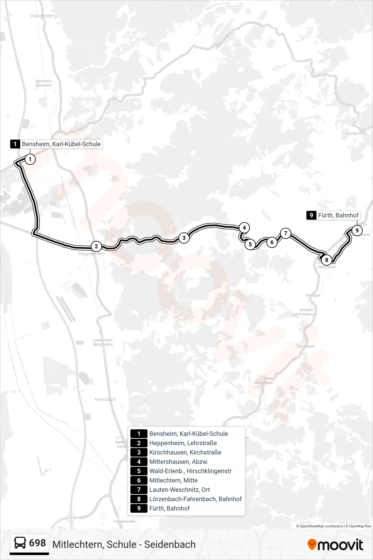 698 bus Line (Fürth, Bahnhof) route and stops on a map