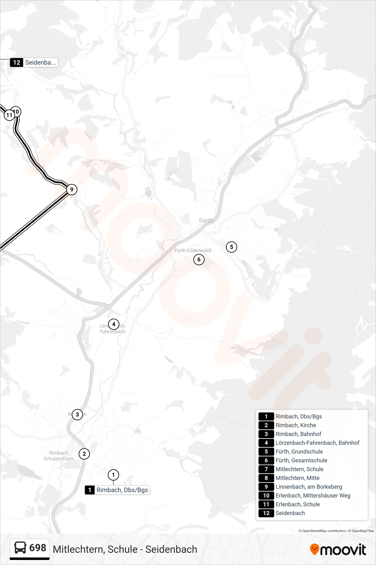 698 bus Line (Seidenbach) route and stops on a map