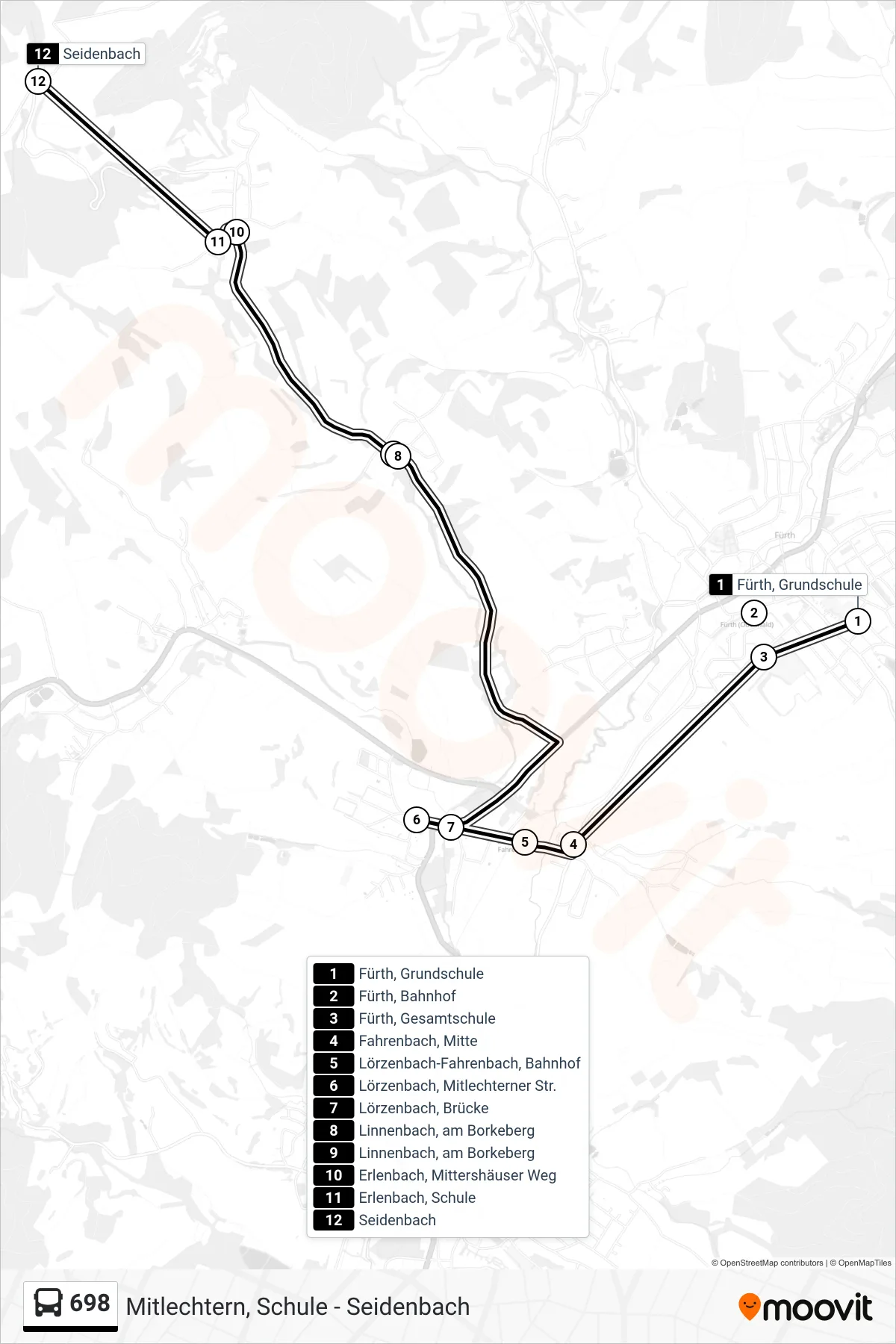 698 bus Line (Seidenbach) route and stops on a map